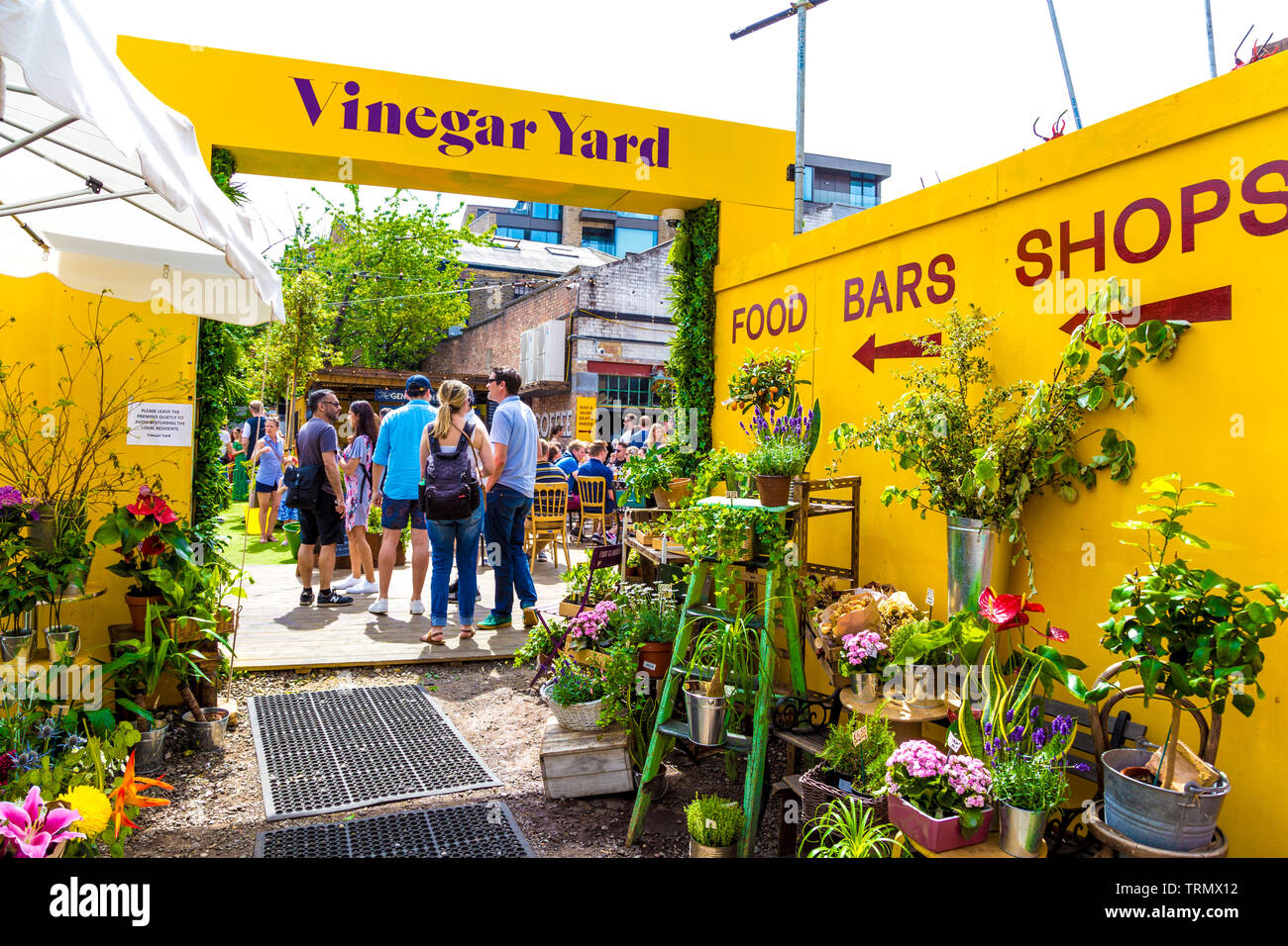 Fiori e piante di stallo e di ingresso cantiere di aceto di cibo e il mercato delle pulci, London, Regno Unito Foto Stock