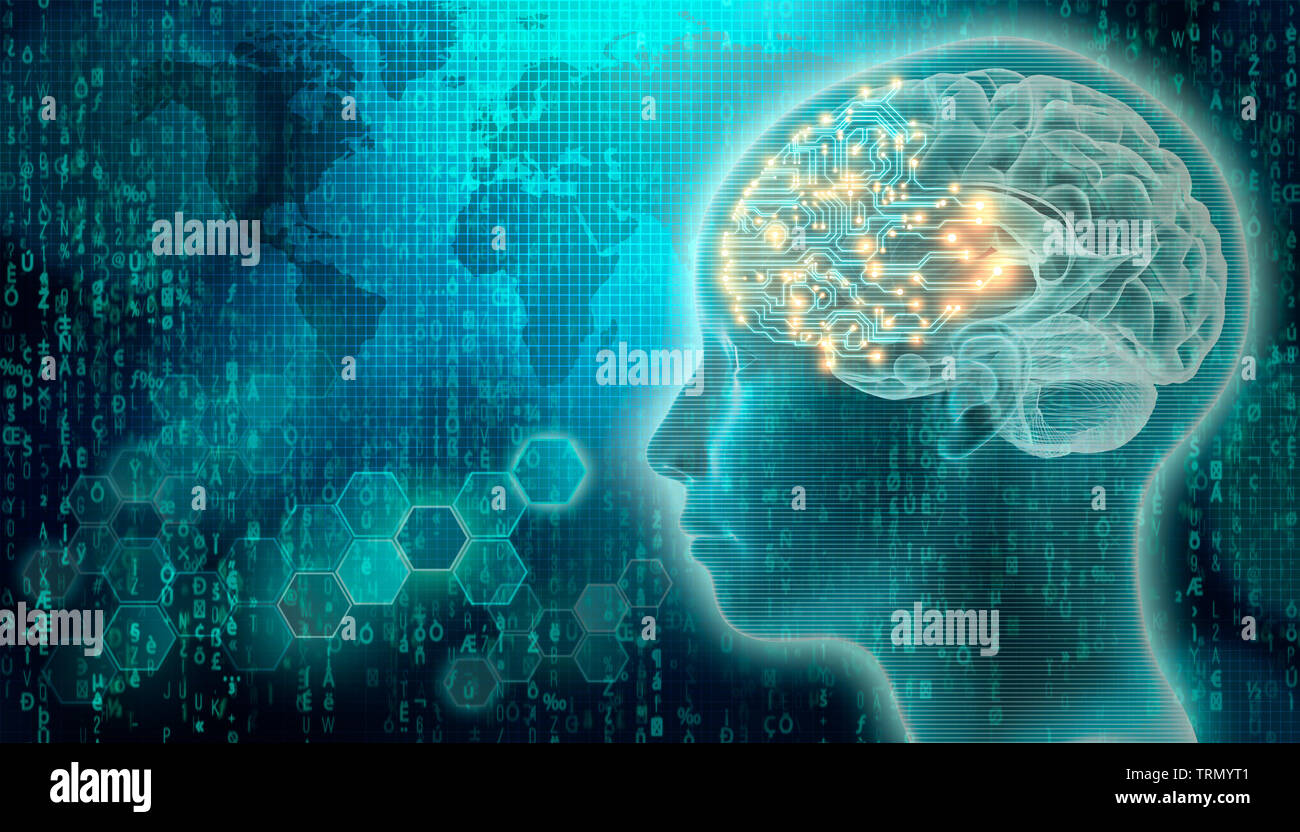 Cervello per circuito stampato con 3D render testa umana profilo. Intelligenza artificiale o ai concetti. Il futuristico la scienza e la tecnologia dei supporti misti illustrazione. Foto Stock