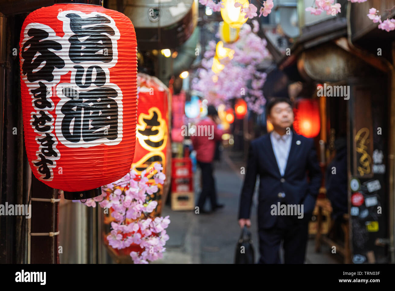 Asia, Giappone, Tokyo Shinjuku, decorazioni di primavera a Yokocho vicolo alimentare Foto Stock