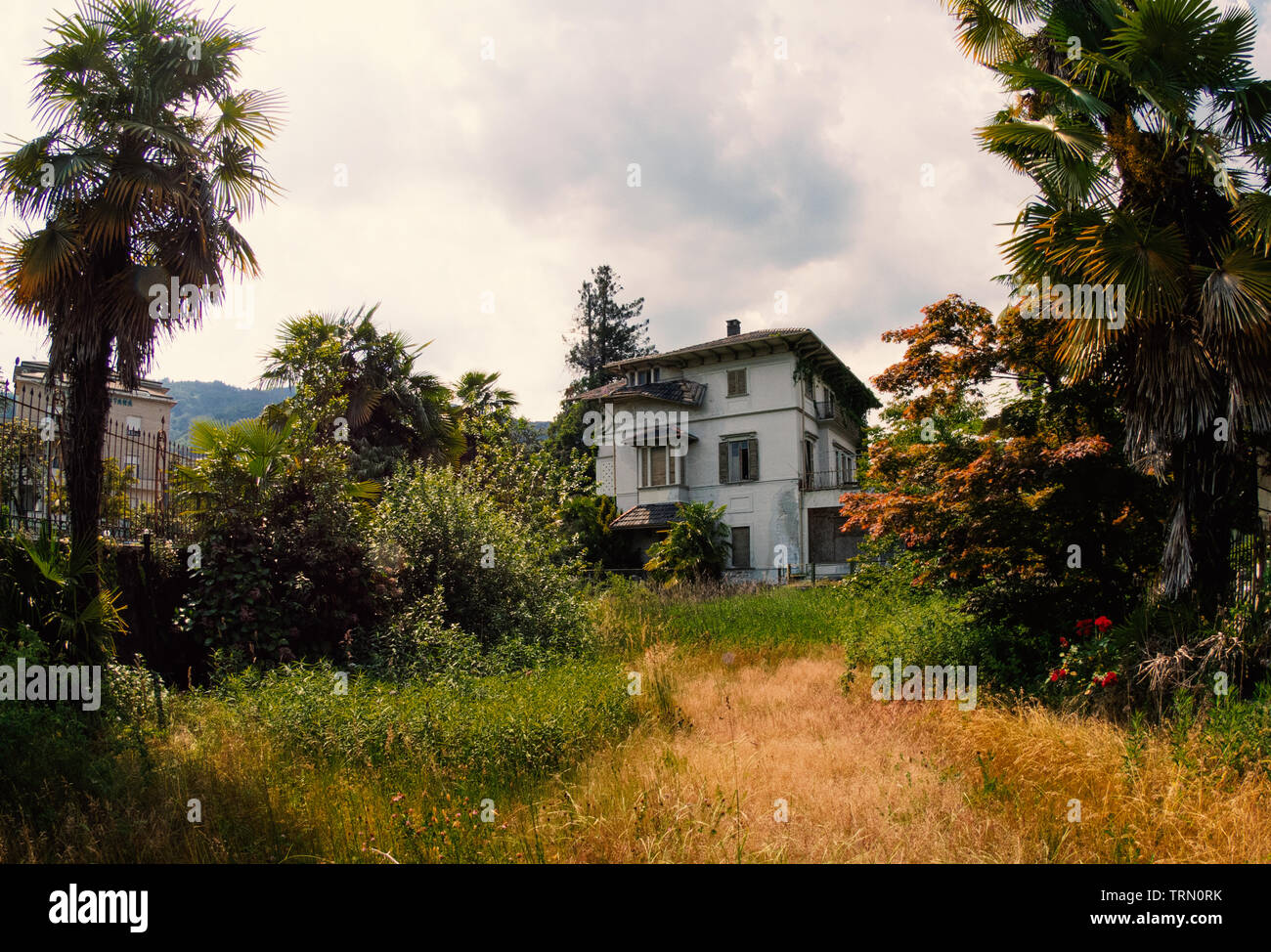 Vista di una vecchia casa abbandonata e giardino Foto Stock