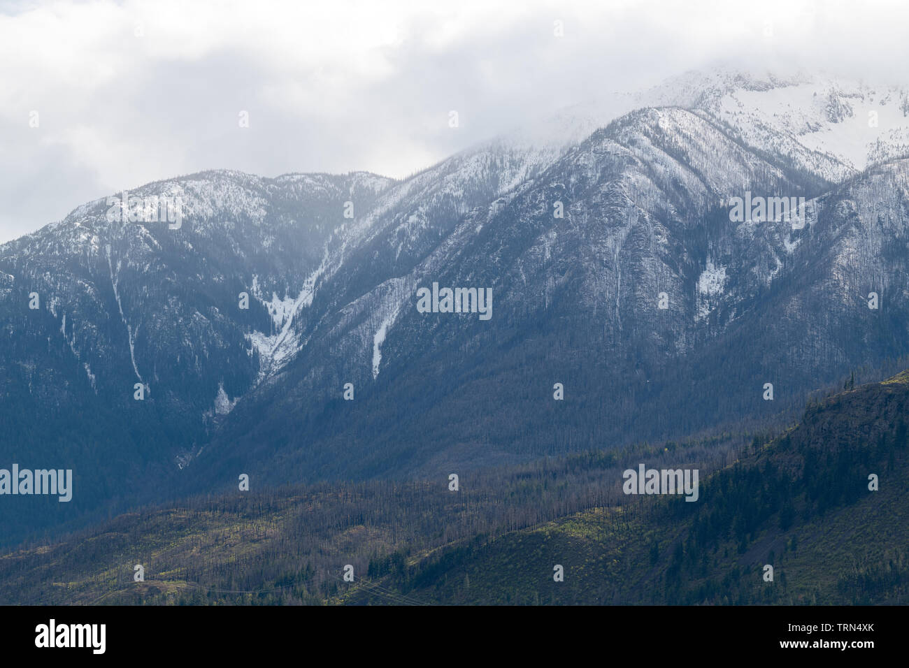 Cime innevate tra le nuvole vicino al Lytton, British Columbia, Canada Foto Stock