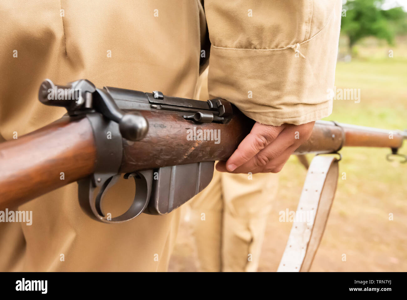 Talana Museum, Dundee, Sud Africa, 20 ottobre, 2018. Membri della Dundee ultimi irriducibili raccogliere per l annuale rievocazione del 20 ottobre 1899 Battaglia di Talana Hill. Fu il primo grande scontro tra inglesi e forze di Boer nella Seconda guerra boera. Il Britannico ha subito pesanti perdite di vite umane, compreso il loro Generale, Sir William Penn Symons, ma ha vinto il giorno. Immagine: Jonathan Oberholster/Alamy Foto Stock