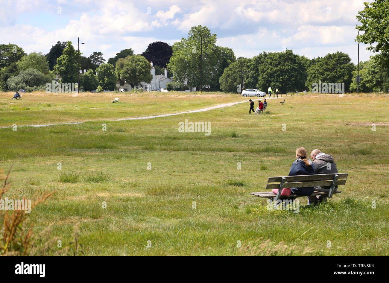 Wimbledon Common, a sud-ovest di Londra, Regno Unito, d'estate. La gente camminare e seduta sul aprire spazio erboso intorno al laghetto Rushmere vicino a Wimbledon Village. Foto Stock