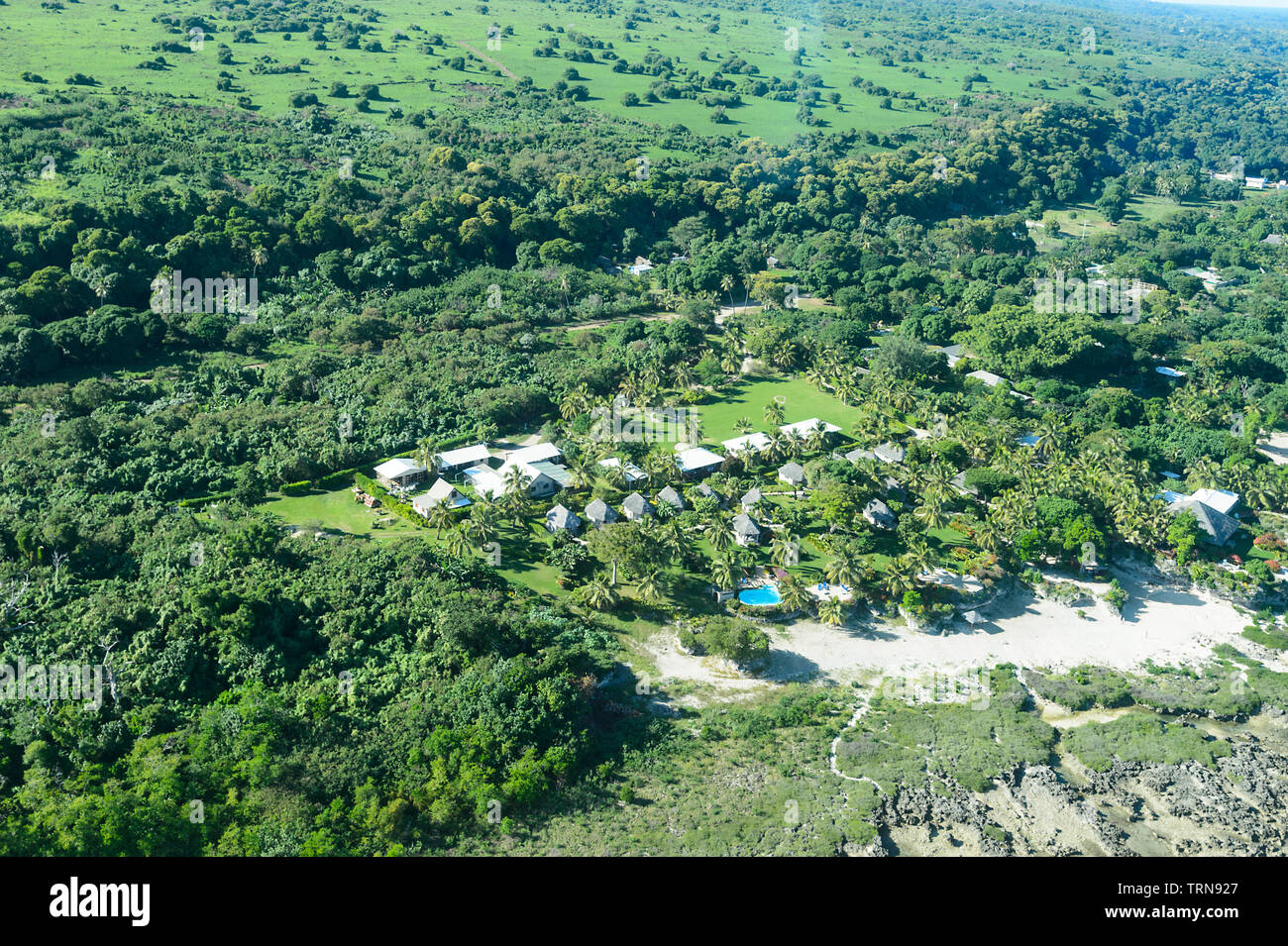 Vista aerea di Tanna Evergreen Resort, dell'Isola di Tanna, Vanuatu, Melanesia Foto Stock