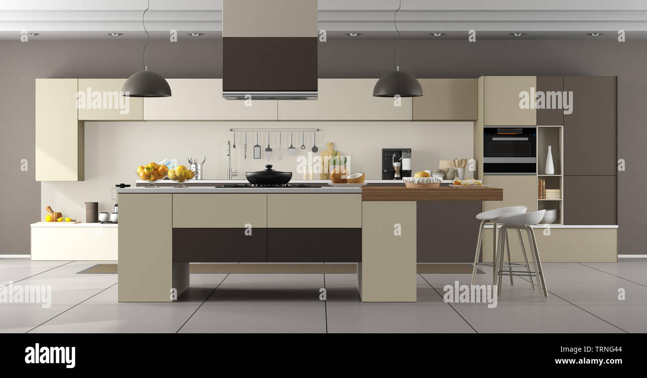 Il beige e marrone e cucina moderna con isola e sgabello - 3d rendering Foto Stock