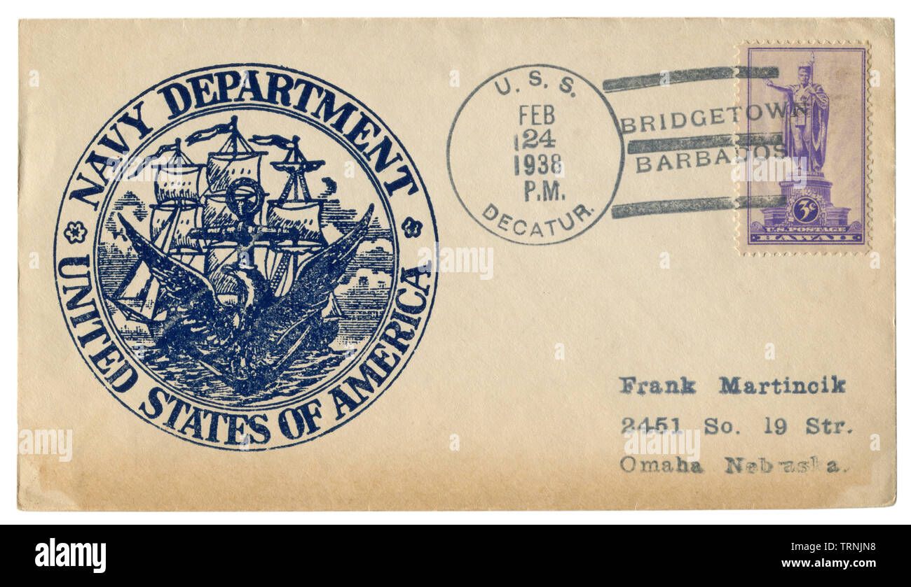 USS Decatur, Bridgetown, Barbados - 24 Febbraio 1938: noi busta storico: il coperchio con il cachet Dipartimento della Marina Militare, Stati Uniti d'america, fregata Foto Stock
