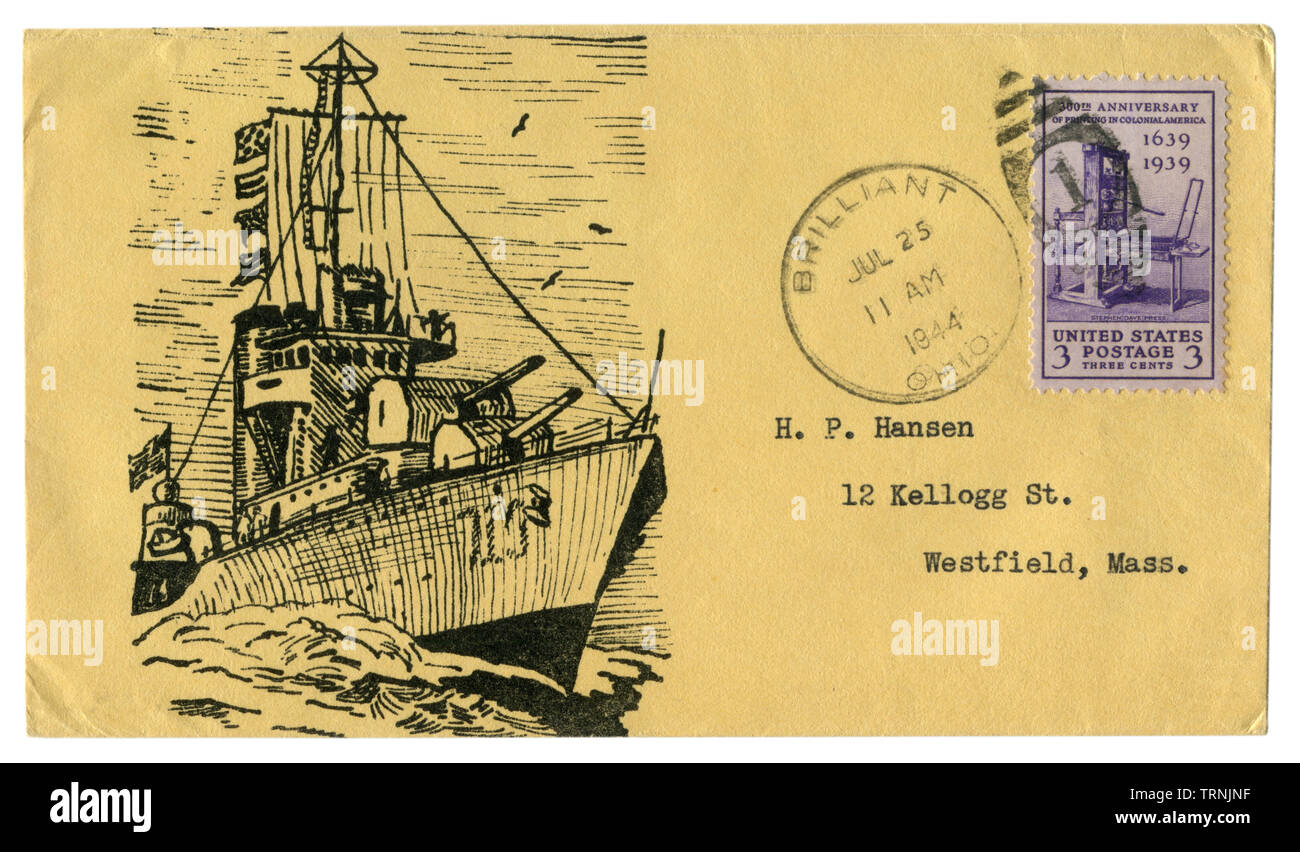 Brillante, Ohio, Stati Uniti d'America - 25 Luglio 1944: noi busta storico: il coperchio con un cachet navale degli Stati Uniti, warship francobollo Stephen giorno e premere, ww2 Foto Stock