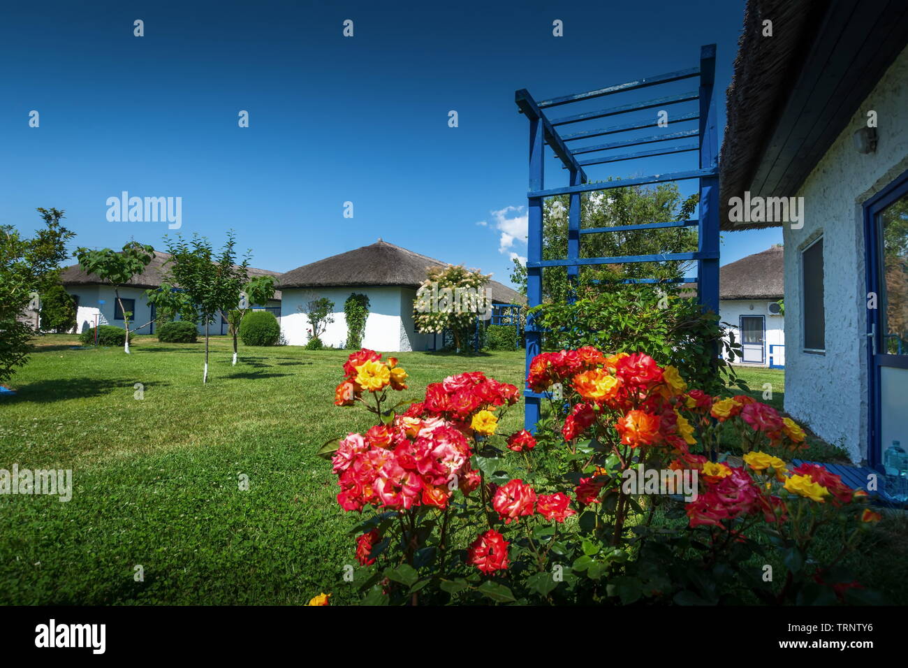 Gura Portitei, il Delta del Danubio, Romania - villaggio di pescatori, barca, riempito di fiori Foto Stock