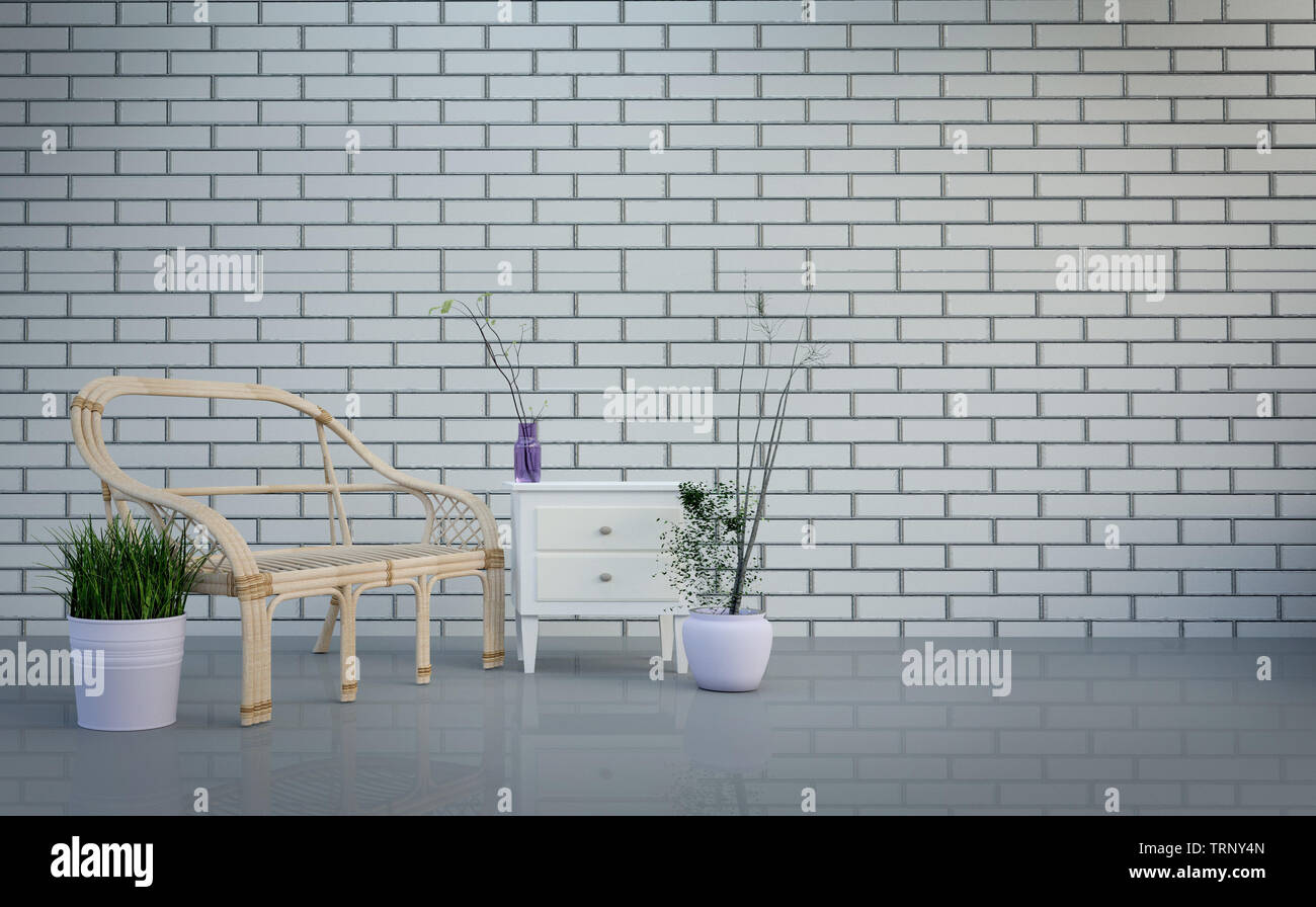 Moderno loft interno ,soggiorno, tavolo e piante su grigio brillante muro in mattoni sfondo , il rendering 3D Foto Stock