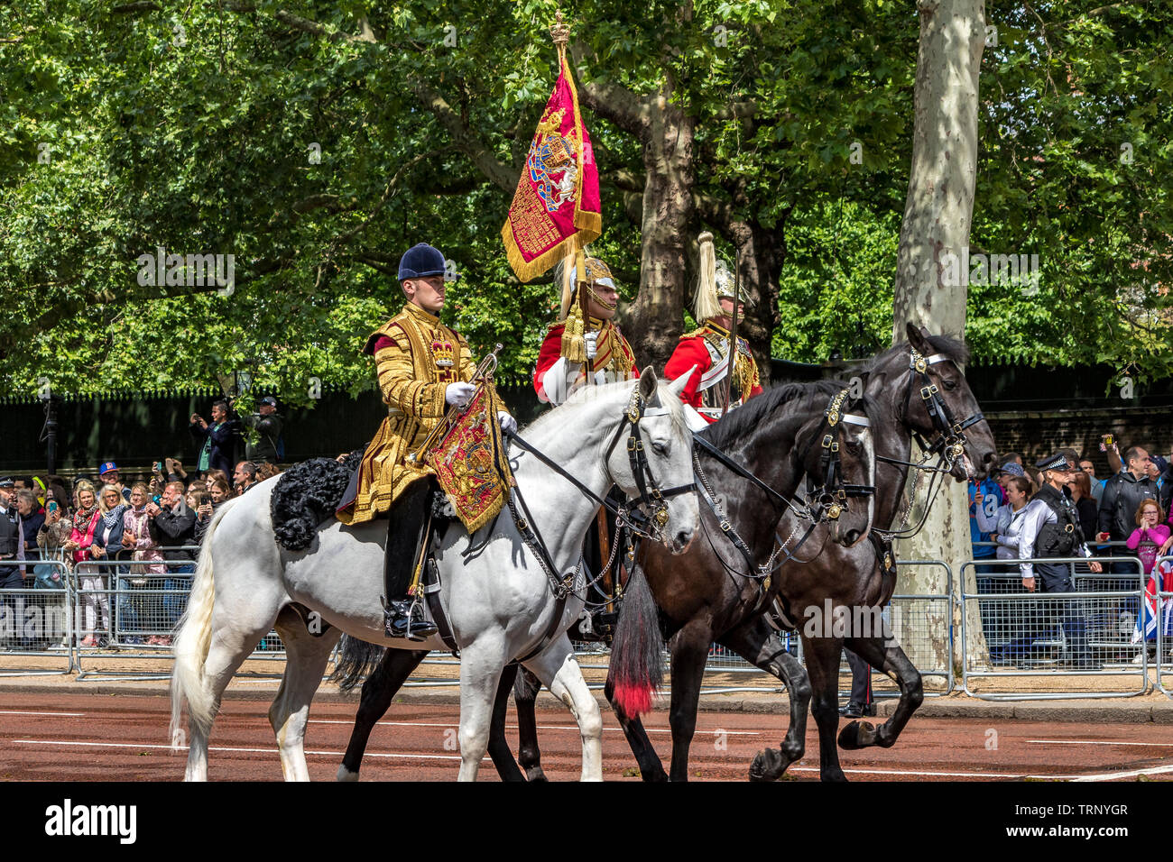 Life Guards of the Household Cavallry Mounted Regiment a cavallo lungo il Mall a Trooping The Color Winnercial, Londra, Regno Unito, 2019 Foto Stock