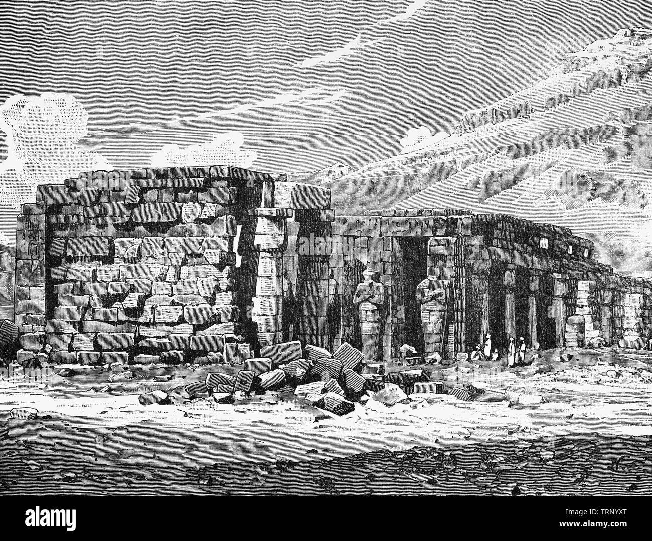 I resti del Ramesseum, il memoriale tempio del faraone Ramesse II ("Ramesse il grande'), Aka e Ramses Ramses, spesso considerato come il più grande, il più conosciuto e più potente faraone del nuovo Regno che aveva regnato 1279-1213. Il tempio si trova nella necropoli tebana in Alto Egitto, attraverso il fiume Nilo dalla moderna città di Luxor. Foto Stock I resti del Ramesseum, il memoriale tempio del faraone Ramesse II ("Ramesse il grande'), Aka e Ramses Ramses, spesso considerato come il più grande, il più conosciuto e più potente faraone del nuovo Regno che aveva regnato 1279-1213. Il tempio si trova nella necropoli tebana in Alto Egitto, attraverso il fiume Nilo dalla moderna città di Luxor. Foto Stock