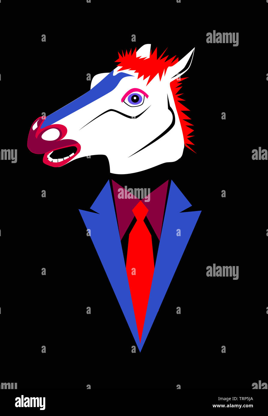 Abstract testa di cavallo con tuxedo, arte poster colori vividi Foto Stock
