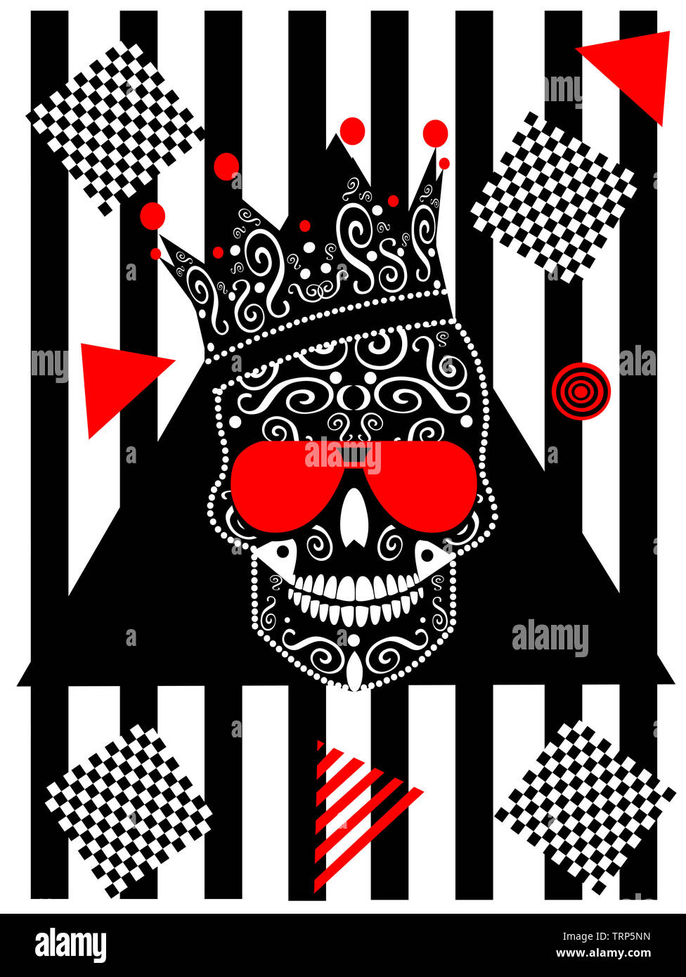 Card in montagna con re icona skull e occhiali da sole, le strisce bianche e nere e i triangoli rossi Foto Stock