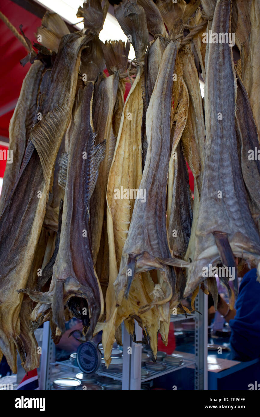 Lo stoccafisso nel mercato del pesce, il target di mercato area quadrata di VagenHarbor, Bergen, Norvegia Foto Stock