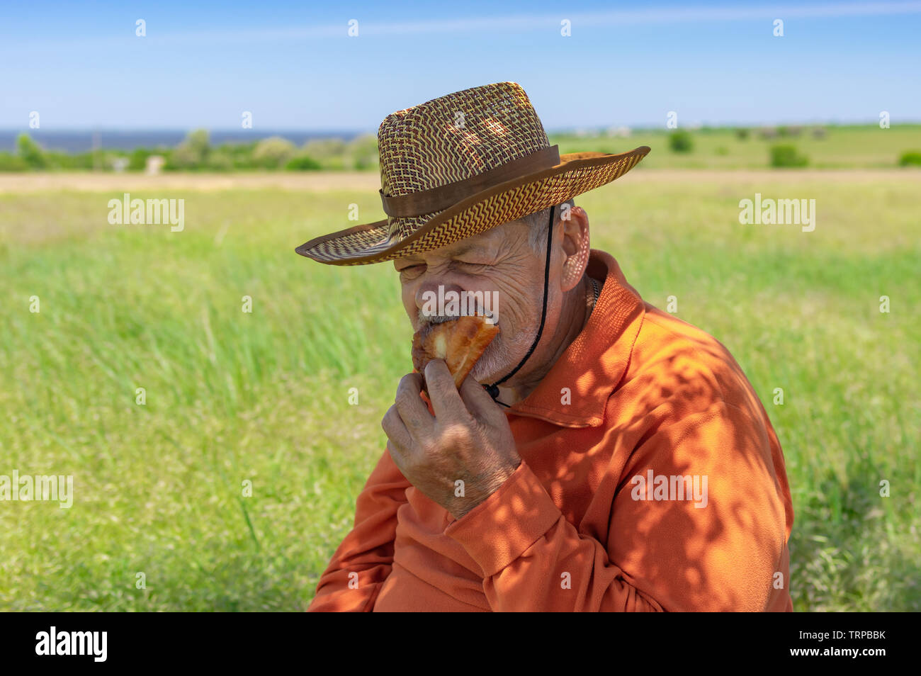 Fame senior agricoltore mangiare artigianale di Patty sotto ombra di albero vicino al suo campo Foto Stock