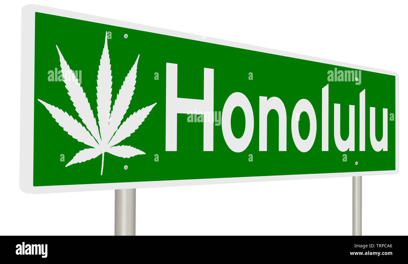 Autostrada verde segno con foglia di marijuana per Honolulu Foto Stock