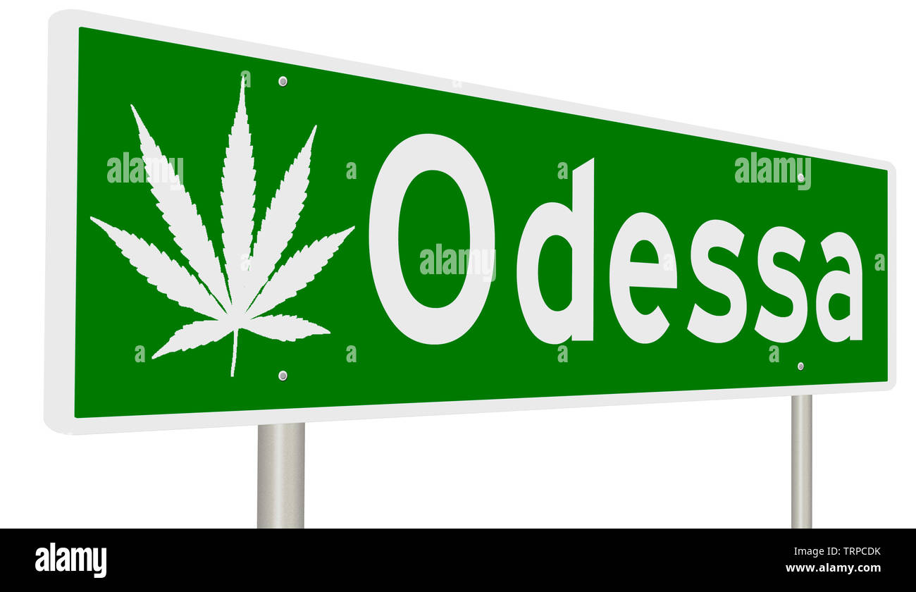 Autostrada verde segno con foglia di marijuana per Odessa Foto Stock