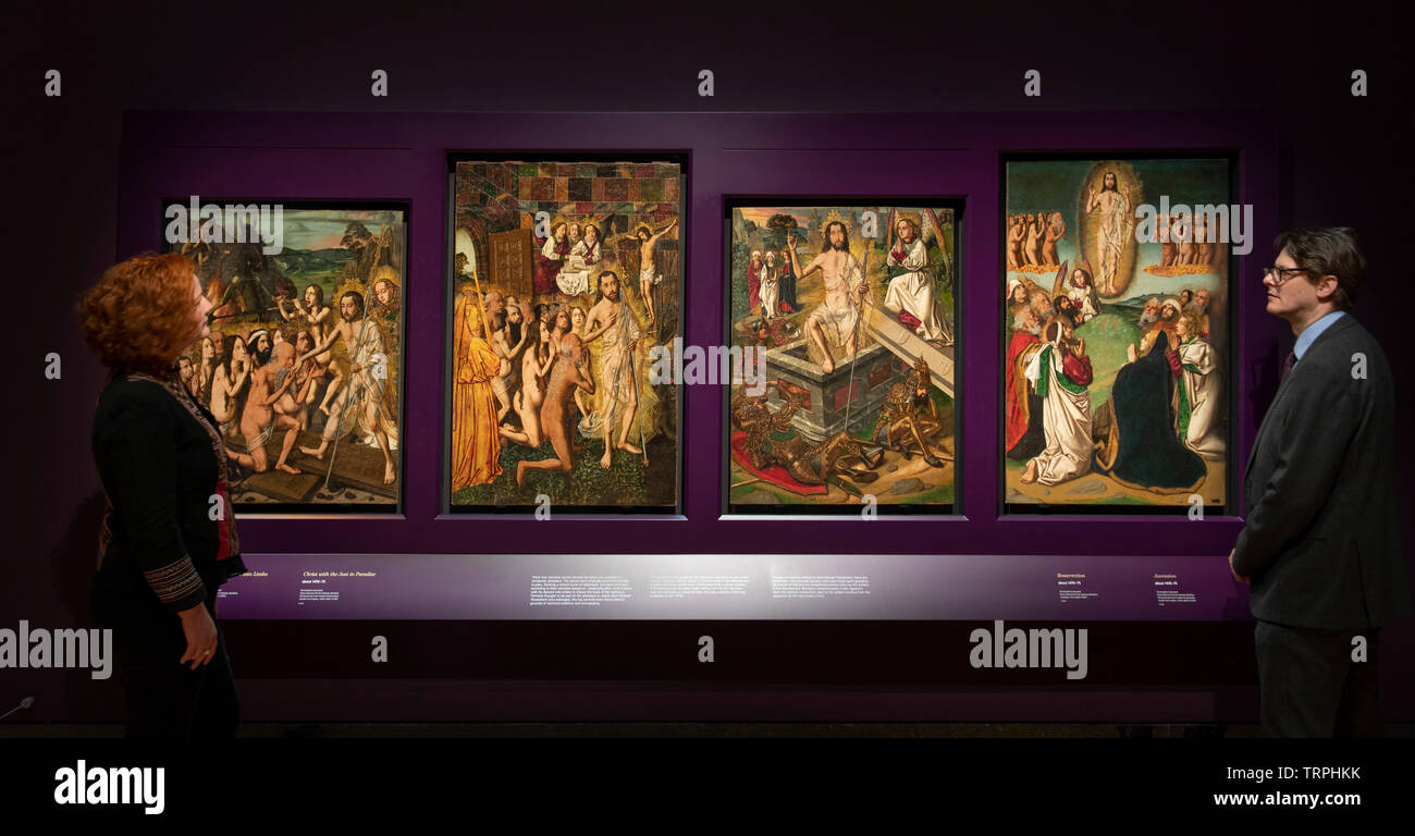 National Gallery di Londra, Regno Unito. 11 giugno 2019. Bartolomé Bermejo: Maestro del Rinascimento Spagnolo, uno di Spagna più innovativa e ottenuta pittori attivi nella seconda metà del XV secolo. La mostra va dal 12 giugno - 29 settembre 2019. Immagine: Galleria personale di fronte (da sinistra a destra): Discesa di Cristo nel Limbo (Museo Nacional d'Art de Catalunya, Barcelona); Cristo con il solo in Paradiso (Museo Nacional d'Art de Catalunya, Barcelona); risurrezione (Museo Nacional d'Art de Catalunya, Barcelona); Ascensione (Museo Nacional d'Art de Catalunya, Barcelona). Credito: Malcolm Foto Stock