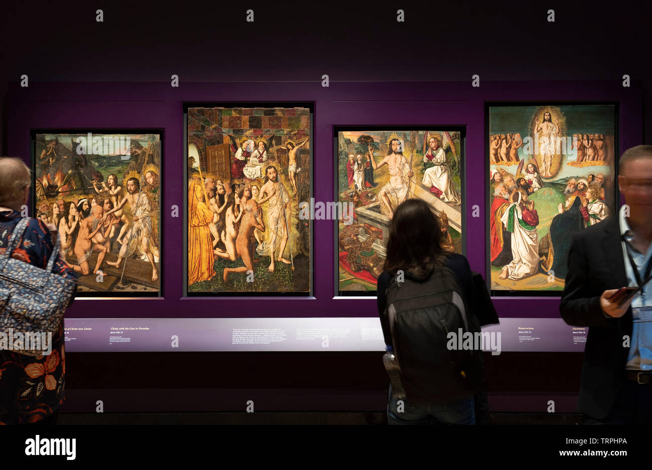 National Gallery di Londra, Regno Unito. 11 giugno 2019. Bartolomé Bermejo: Maestro del Rinascimento Spagnolo, uno di Spagna più innovativa e ottenuta pittori attivi nella seconda metà del XV secolo. La mostra va dal 12 giugno - 29 settembre 2019. Immagine (da sinistra a destra): Discesa di Cristo nel Limbo (Museo Nacional d'Art de Catalunya, Barcelona); Cristo con il solo in Paradiso (Museo Nacional d'Art de Catalunya, Barcelona); risurrezione (Museo Nacional d'Art de Catalunya, Barcelona); Ascensione (Museo Nacional d'Art de Catalunya, Barcelona). Credito: Malcolm Park/Alamy Live News. Foto Stock