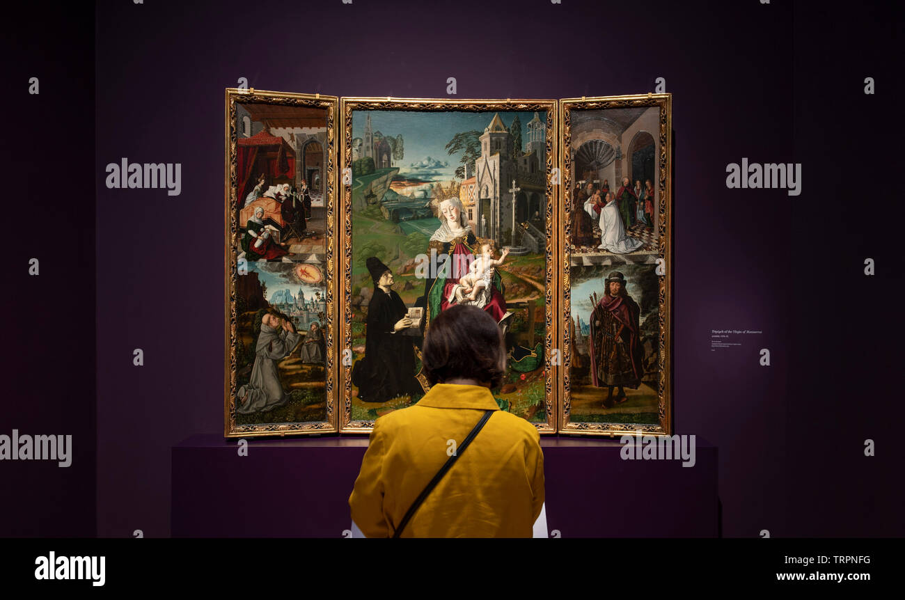 National Gallery di Londra, Regno Unito. 11 giugno 2019. Bartolomé Bermejo: Maestro del Rinascimento Spagnolo, uno di Spagna più innovativa e ottenuta pittori attivi nella seconda metà del XV secolo. La mostra va dal 12 giugno - 29 settembre 2019. Immagine: trittico della Vergine di Montserrat, probabilmente 1470-75. Cattedrale di Nostra Signora Assunta, Chapter House/Acqui Terme (Allesandria)/Italia. Credito: Malcolm Park/Alamy Live News. Foto Stock