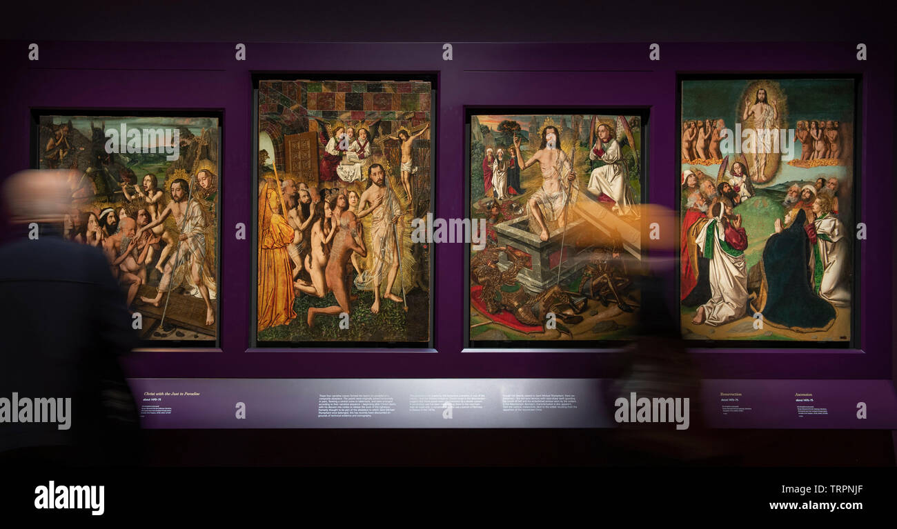 National Gallery di Londra, Regno Unito. 11 giugno 2019. Bartolomé Bermejo: Maestro del Rinascimento Spagnolo, uno di Spagna più innovativa e ottenuta pittori attivi nella seconda metà del XV secolo. La mostra va dal 12 giugno - 29 settembre 2019. Immagine (da sinistra a destra): Discesa di Cristo nel Limbo; Cristo con il solo in Paradiso; risurrezione; Ascensione (tutti: Museo Nacional d'Art de Catalunya, Barcelona). Credito: Malcolm Park/Alamy Live News. Foto Stock