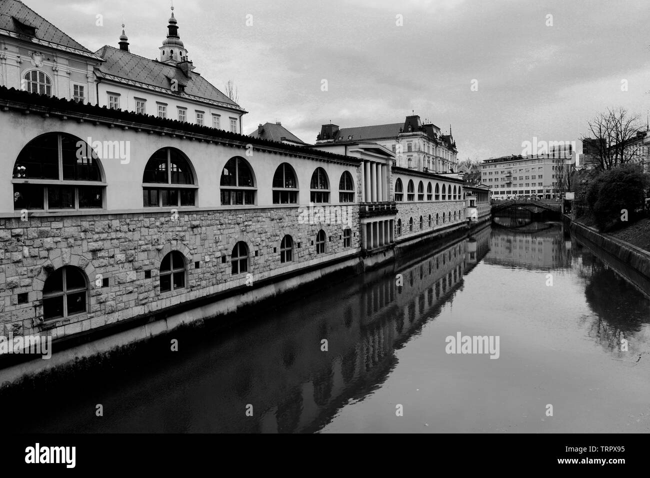 Il mercato centrale di edifici sulle rive del fiume Ljubljanica, città di Lubiana, Slovenia, Europa Foto Stock