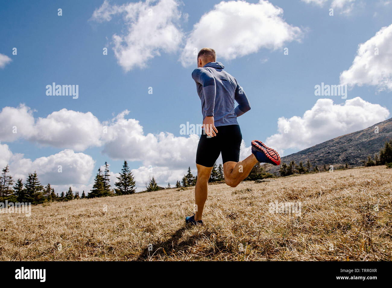Cross-country in esecuzione. atleta eseguire sull altopiano di montagna in estate Foto Stock