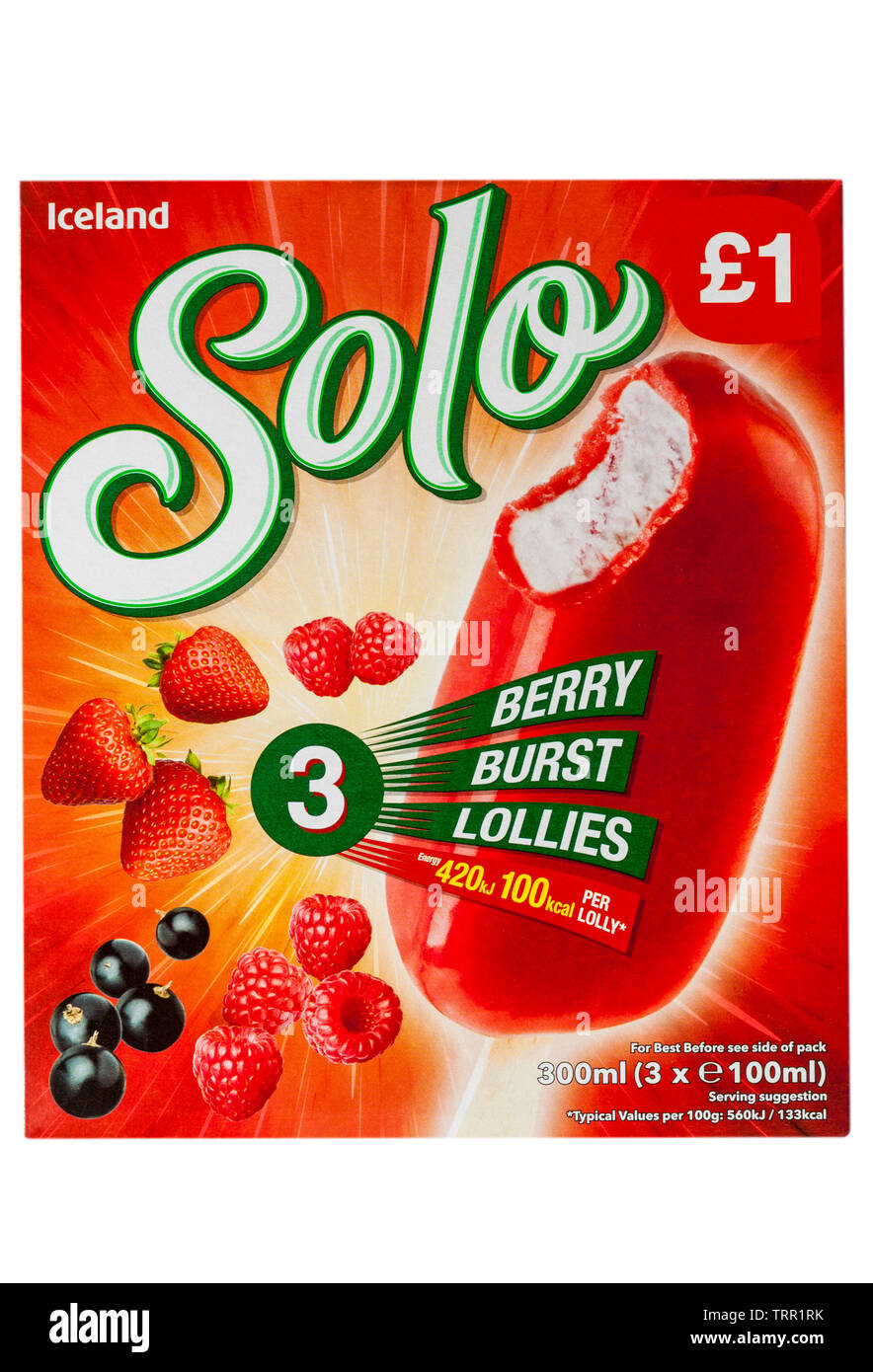 Pack di solo 3 berry lollies burst dall'Islanda isolati su sfondo bianco Foto Stock