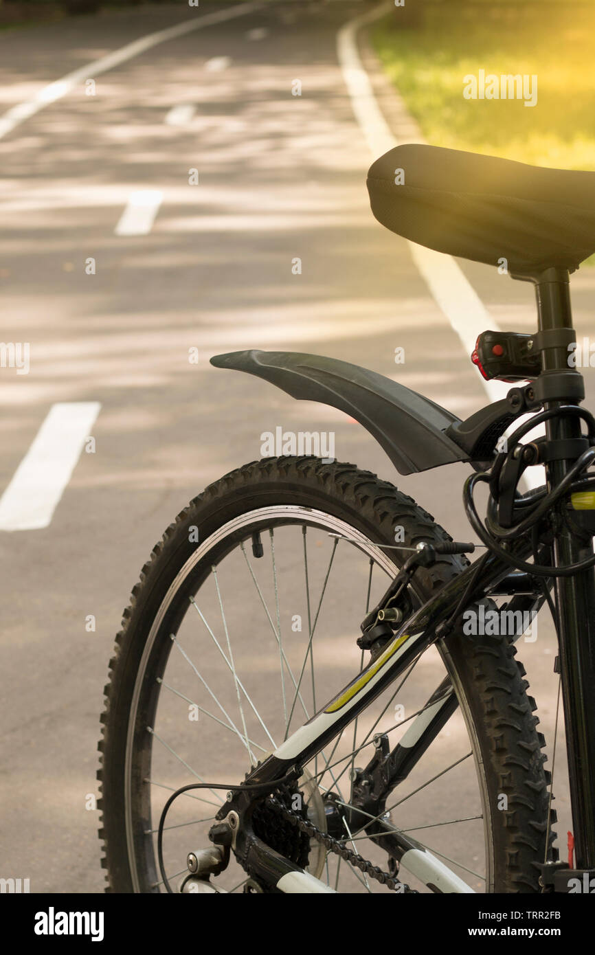 Bicicletta su una pista ciclabile nella foresta con raggi solari. Concetto di viaggio, sport e turismo, viaggio su una bicicletta. Sfondo bokeh di fondo Foto Stock