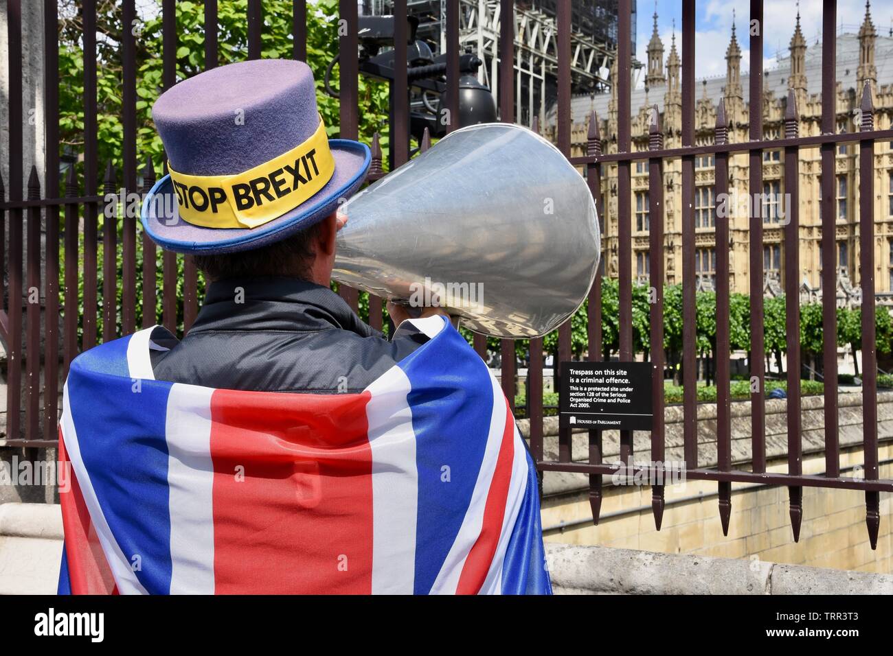Londra, Regno Unito. 11 Giugno, 2019. Steve Bray attivista SODEM esorta le autorità di chiamare i cani addestrati a seguito delle recenti rivelazioni del passato di assunzione di farmaci da Tory politici. Houses of Parliament, Westminster, London. UK Credit: Michael melia/Alamy Live News Foto Stock