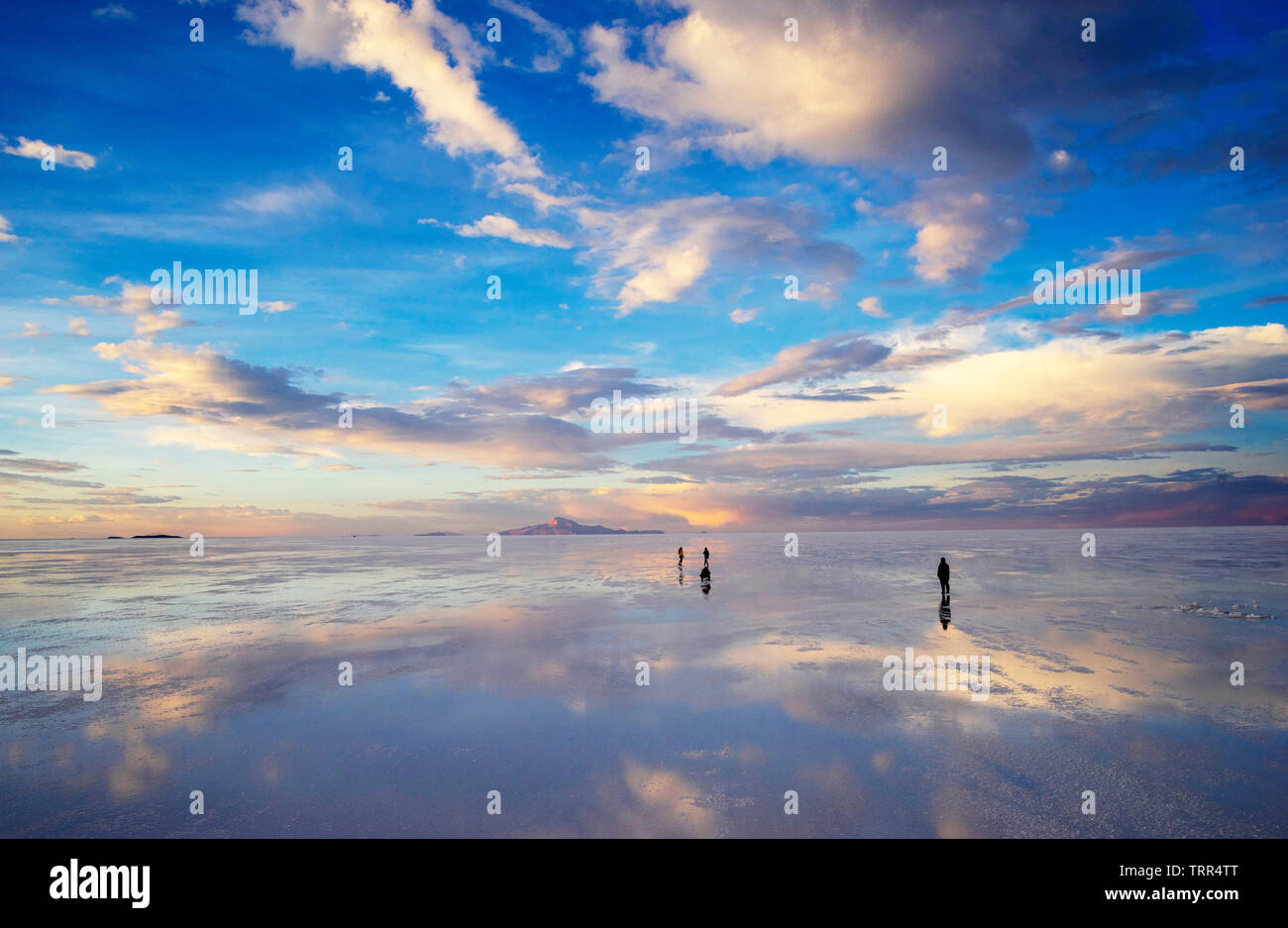 La superficie di mirroring del Salar de Uyuni durante il periodo di pioggia Foto Stock