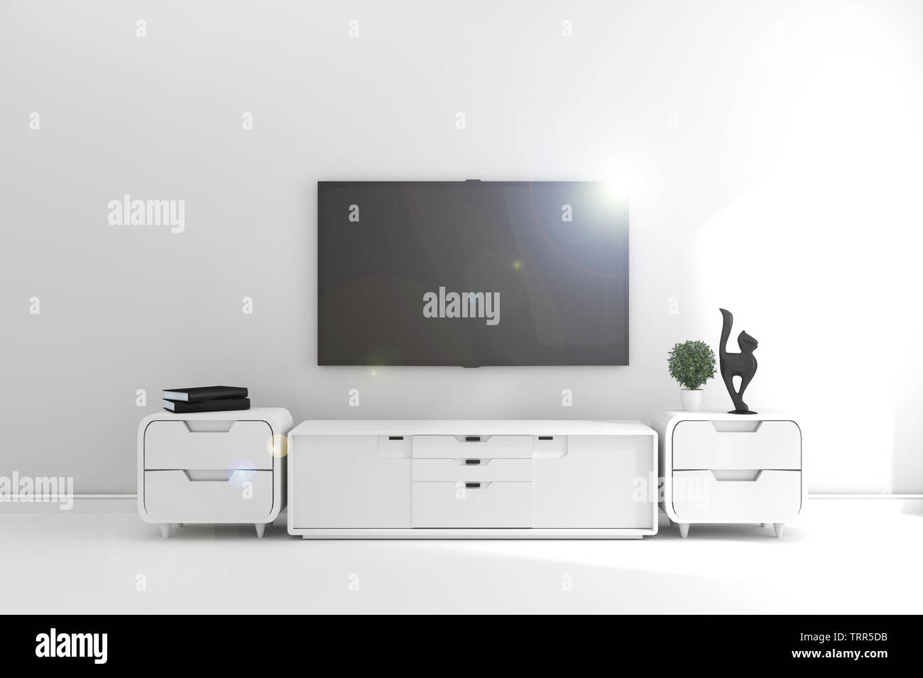 TV nella moderna sala vuota,design minimale. Il rendering 3D Foto Stock