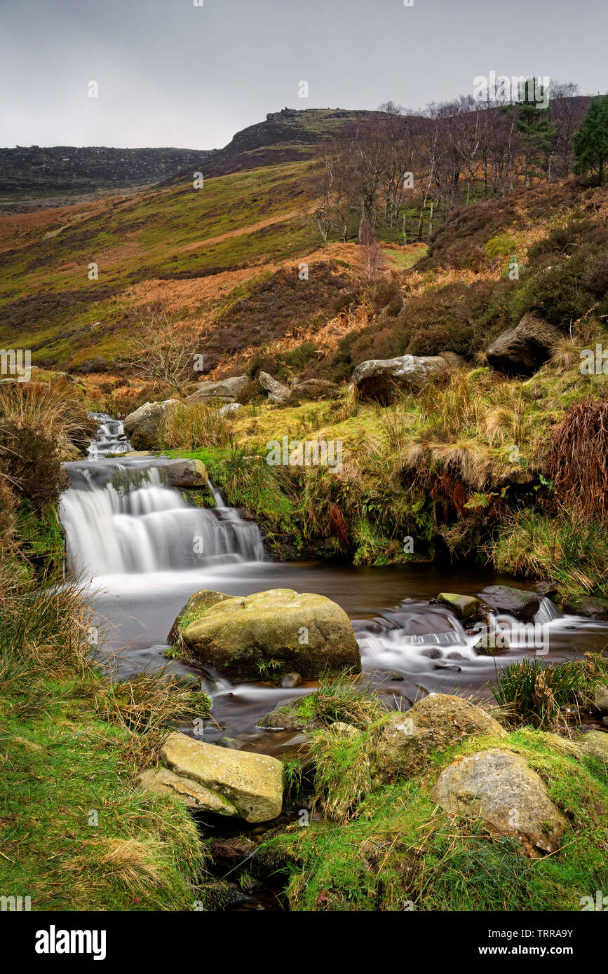 UK,Derbyshire,Peak District,Grindsbrook Clough cascate e Kinder Scout Foto Stock