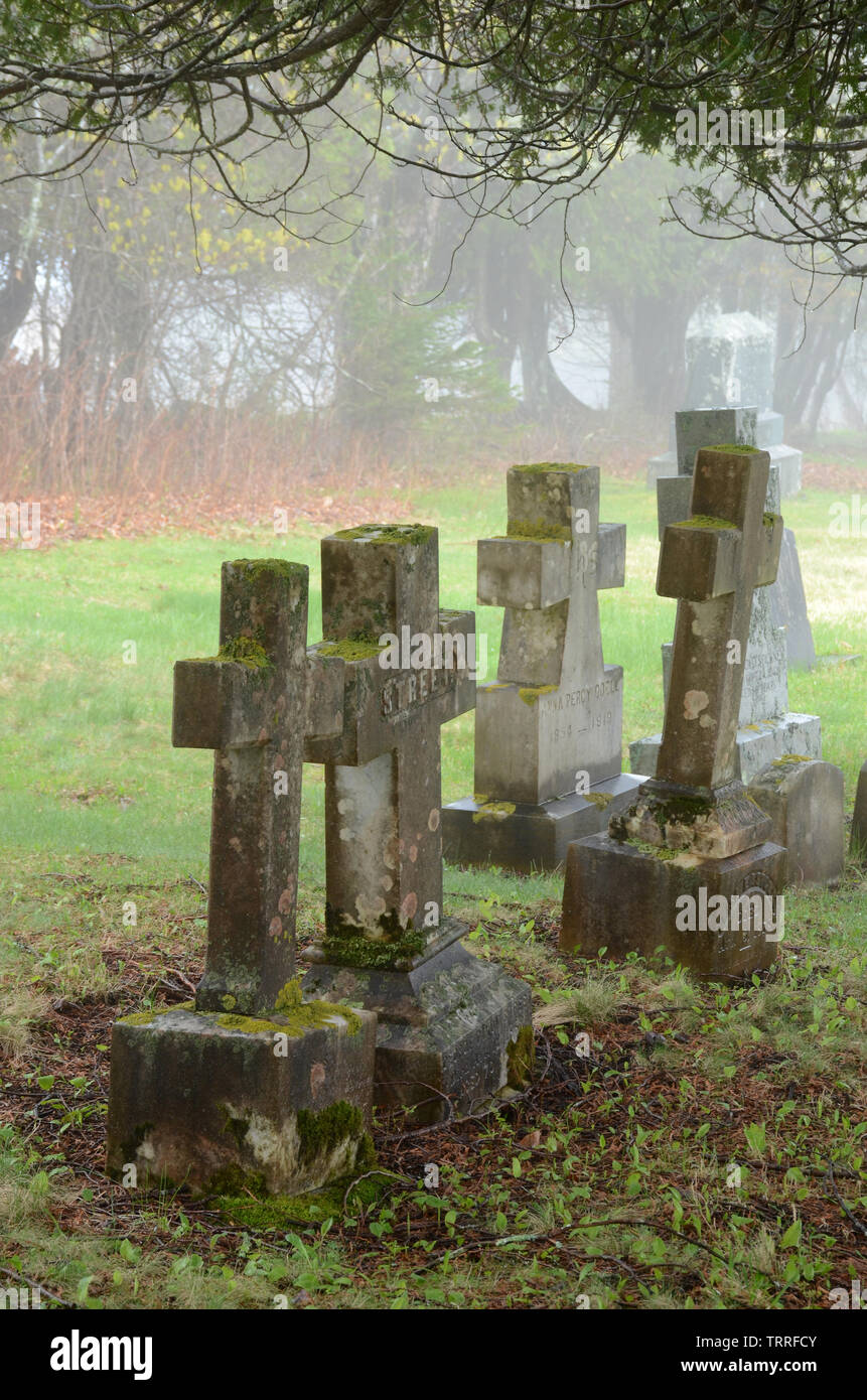 Croci in pietra in un cimitero in New Brunswick, Canada Foto Stock