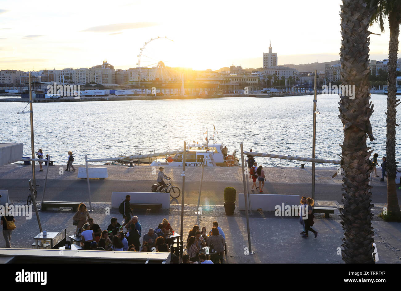 Guardare il tramonto sulla porta ed elegante nella città di Malaga sulla Costa del Sol in Andalusia in Spagna, Europa Foto Stock