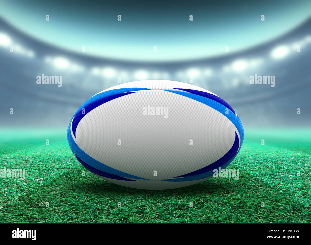 Un bianco reguar rugby sfera blu con elementi di design in appoggio su uno stadio campo di erba di notte sotto illuminato washer - 3D render Foto Stock