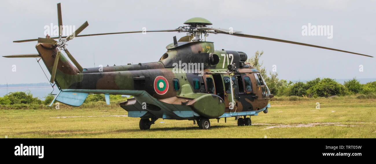 Un Eurocopter AS532 elicottero Cougar, parte del bulgaro Air Force, giace parcheggiato su un eliporto al nazionale bulgara per la difesa aerea del centro di formazione prima di prendere parte nel funzionamento SHABLA 19 Giugno 11, 2019. SHABLA 19 è un accordo bilaterale, comune di difesa aerea a fuoco vivo esercizio ospitato dal bulgaro forze armate in Shabla, Bulgaria, da giugno 10-14, 2019. SHABLA 19 è progettato per migliorare la disponibilità e l'interoperabilità tra il bulgaro Air Force, la marina e le Forze terrestri e il decimo esercito aria e la difesa missilistica comando, U.S. Esercito europeo. (U.S. Esercito Foto di Sgt. Robert Douglas) Foto Stock