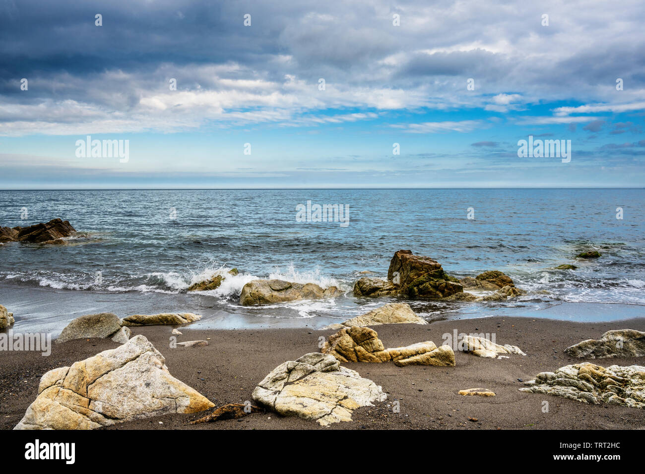 Massi di granito Leinster sul litorale a White Rock Beach, Killiney, County Dublin, Irlanda guardando verso est sul Mare d'Irlanda Foto Stock