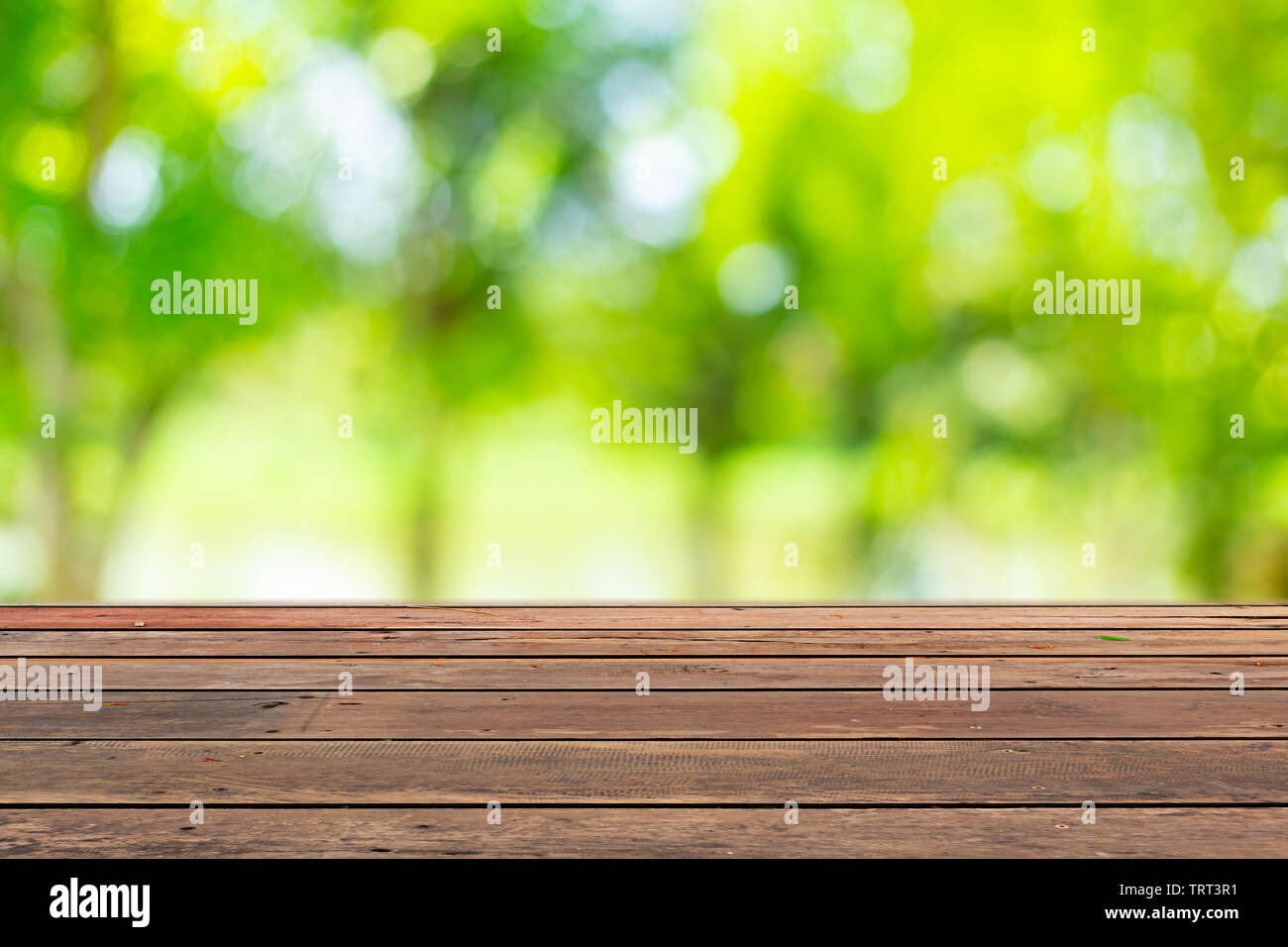 Tavolo con sfocatura verde natura outdoor per il modello di prodotto sullo sfondo Foto Stock