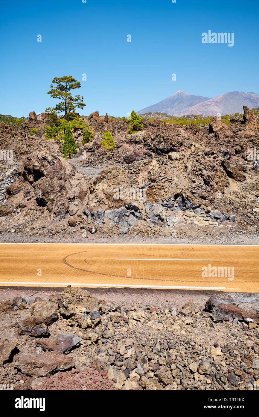 Strada con il vulcano Teide in distanza, Parco Nazionale di Teide Tenerife, Spagna. Foto Stock
