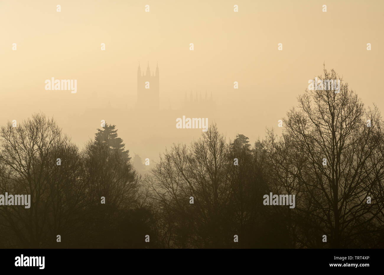 Una vista della Cattedrale di Canterbury stagliano in una nebbiosa mattina. Foto Stock
