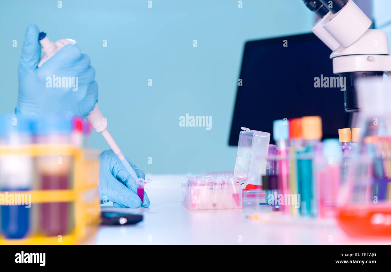 Laboratorio di ricerca genetica. Le piastre PCR e pipette multicanale Foto Stock