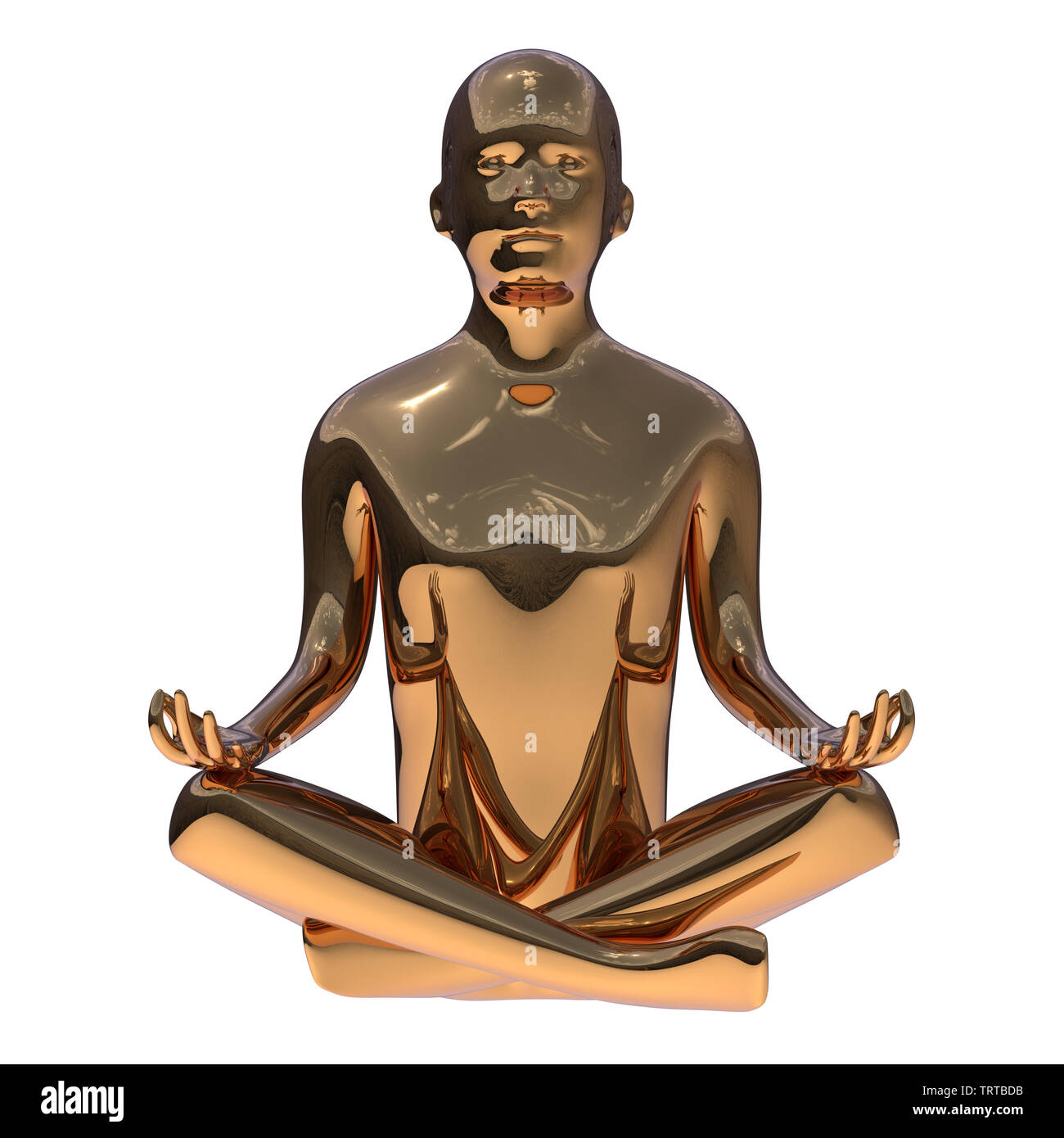 L'uomo del ferro figura yoga lotus pongono stilizzato in oro lucido. Il nirvana pacifica meditare simbolo di rilassamento. Mentale umano carattere guru lucido metallico Foto Stock