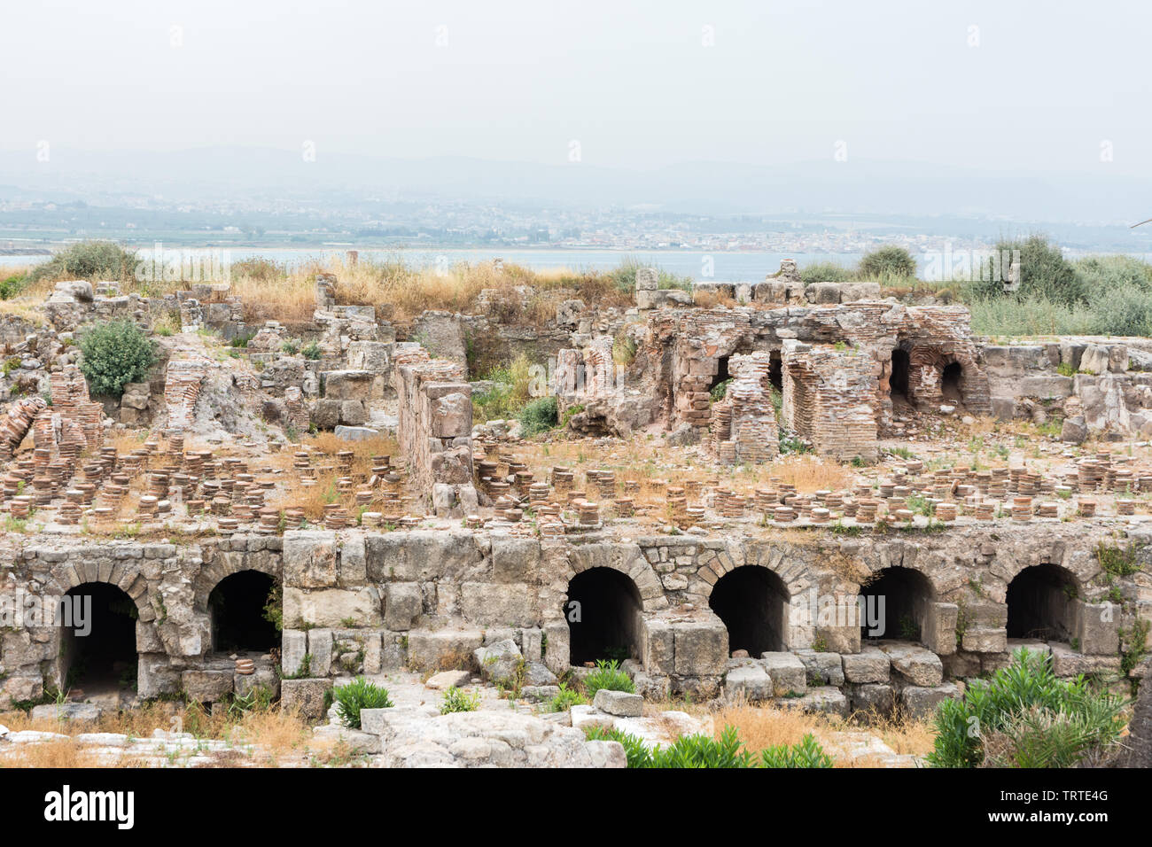 Roman bathhouse e colonne in Al Mina sito archeologico, pneumatico, Libano Foto Stock
