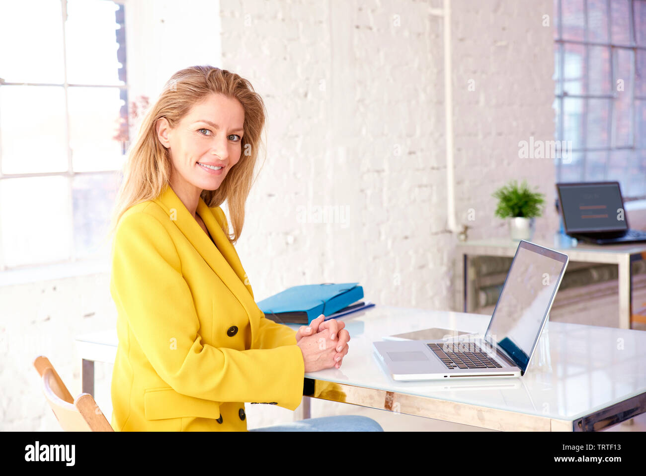 Executive imprenditrice lavorando sul computer portatile mentre è seduto alla scrivania in ufficio. Foto Stock