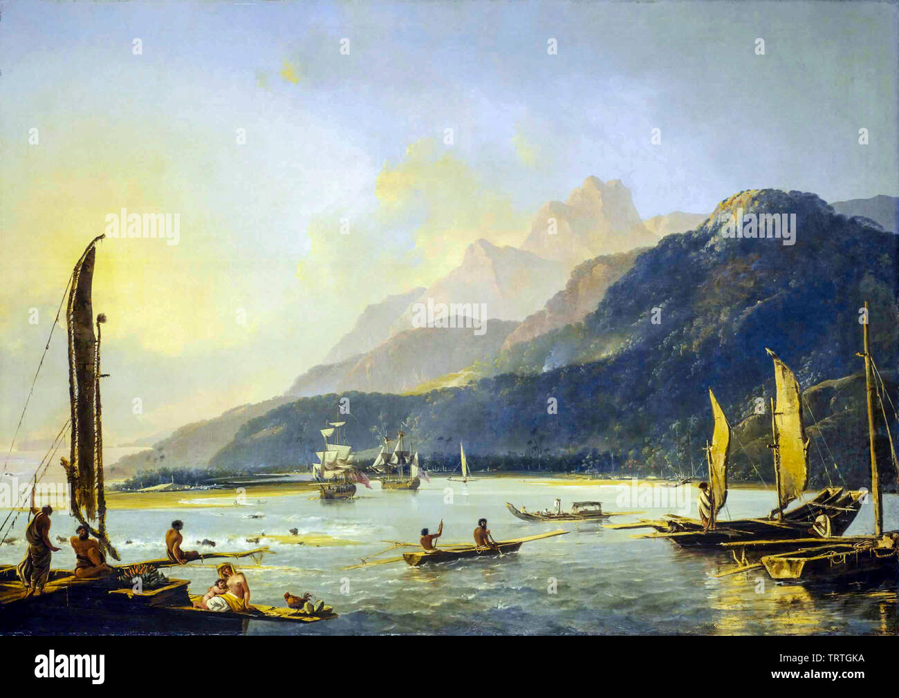Risoluzione e avventura con imbarcazioni da pesca nella baia di Matavai, Tahiti, pittura, 1776 Foto Stock