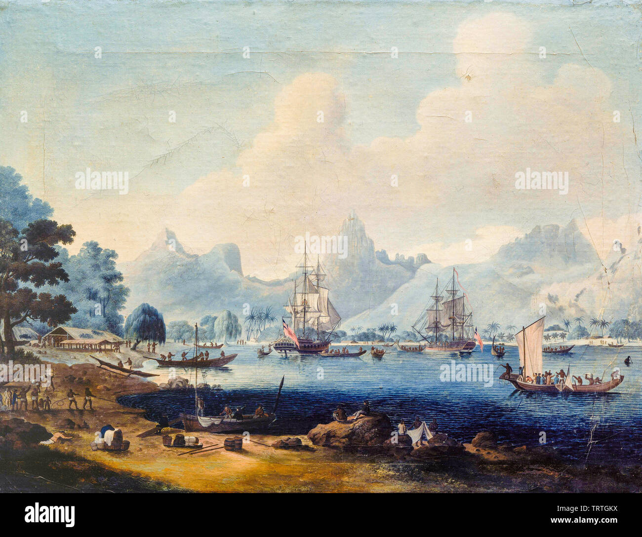 Risoluzione del sistema HMS e HMS scoperta a Moorea, Polinesia francese, pittura, 1780-1789 Foto Stock