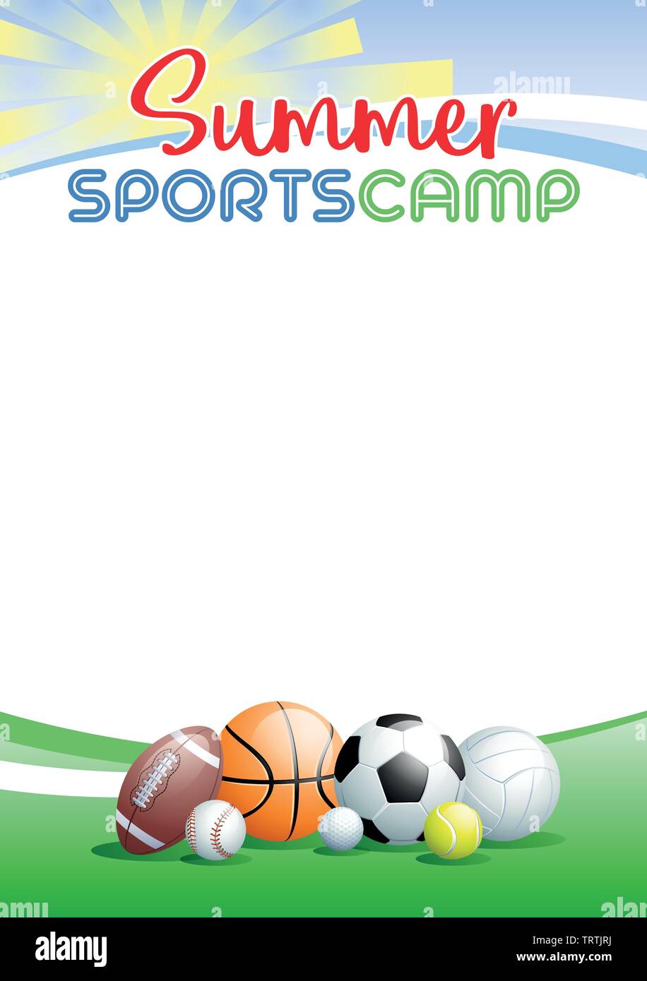 Sport estivi Camp. Modello poster con diversi sport palle. Luogo ideale per il tuo messaggio di testo. Illustrazione Vettoriale. Illustrazione Vettoriale