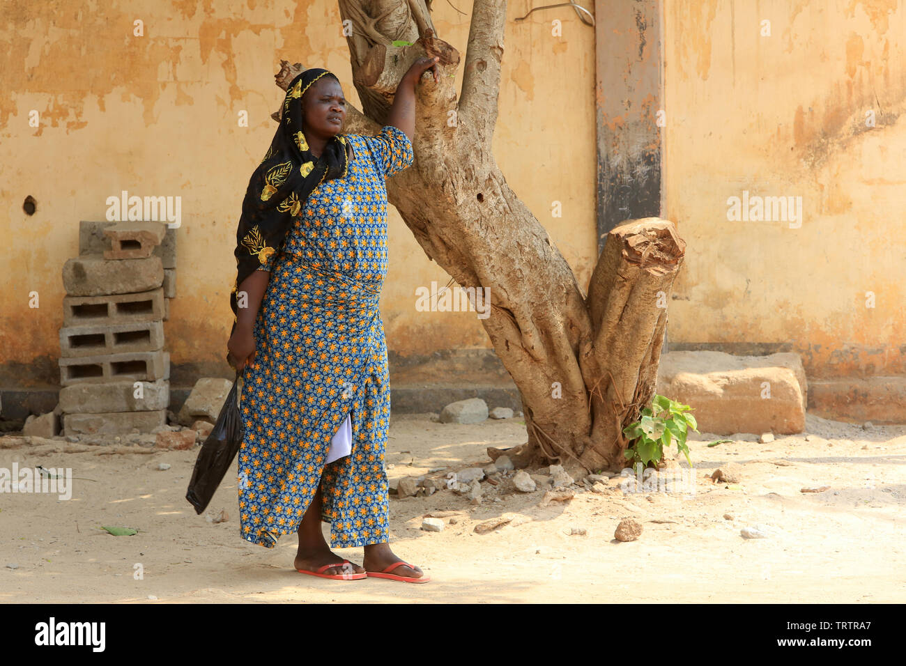 Togolaise à l'ombre sous onu arbre. La convenzione di Lomé. Il Togo. Afrique de l'Ouest. Foto Stock