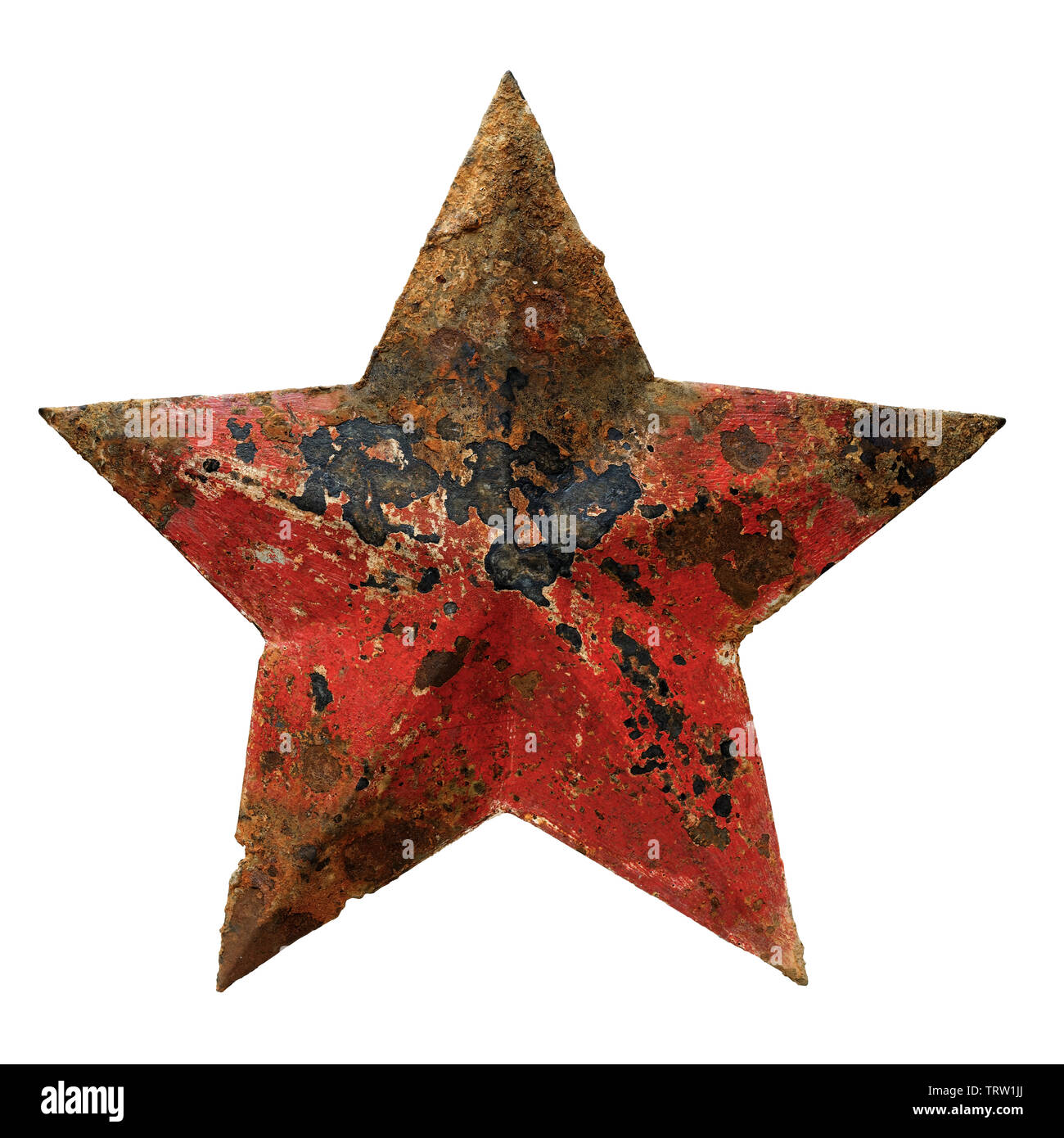 Oggetti isolati: molto vecchio rosso ruggine stella a cinque punte, su sfondo bianco Foto Stock
